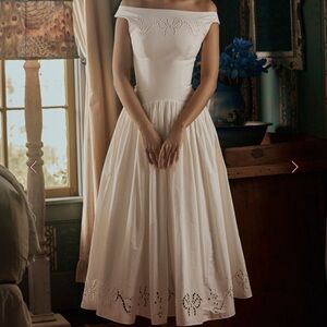 House of CB • Lauren Off-Shoulder White Midi Dress with Eyelet Hem